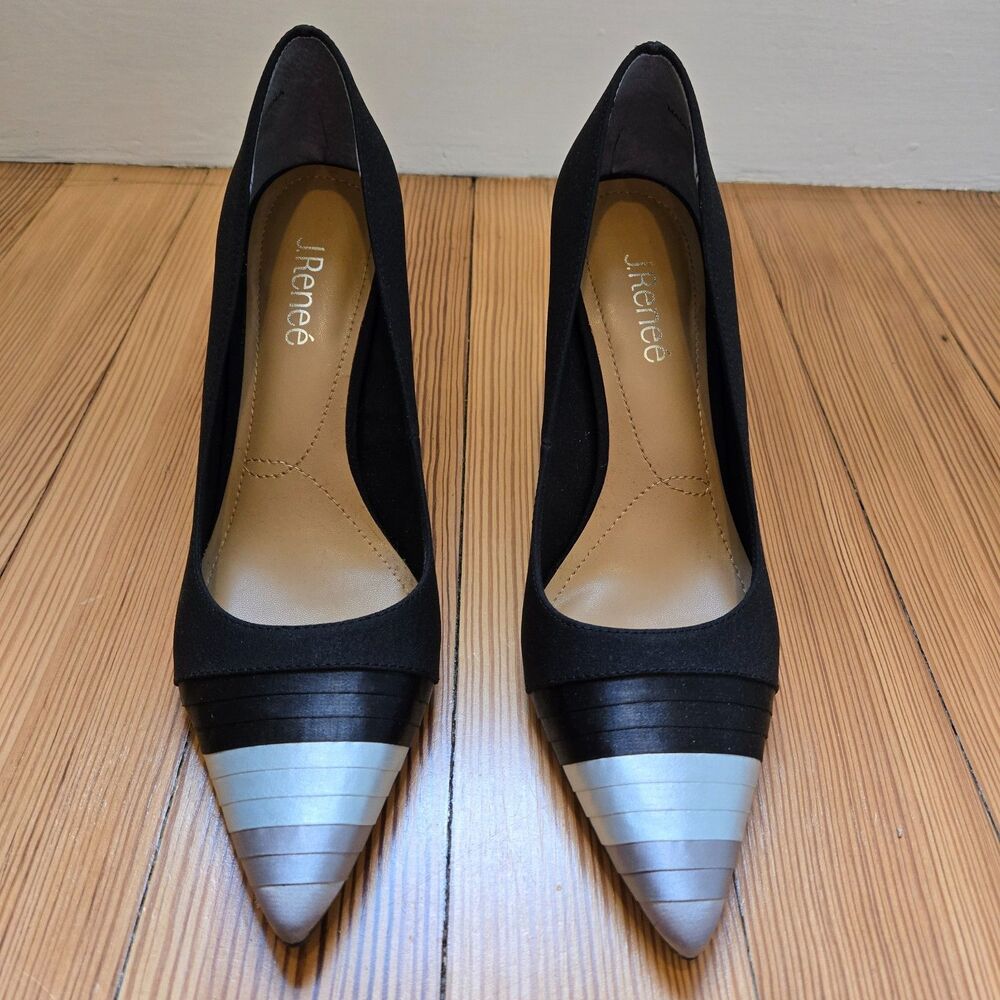 J. Renee Women's Garbina Slip On Pumps Black Satin Stiletto Metallic Cocktail